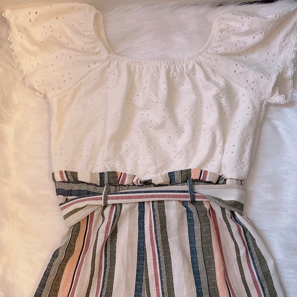 Knit works, Girls' Short Sleeve Romper in solid Lace with stripe’s, Size 14